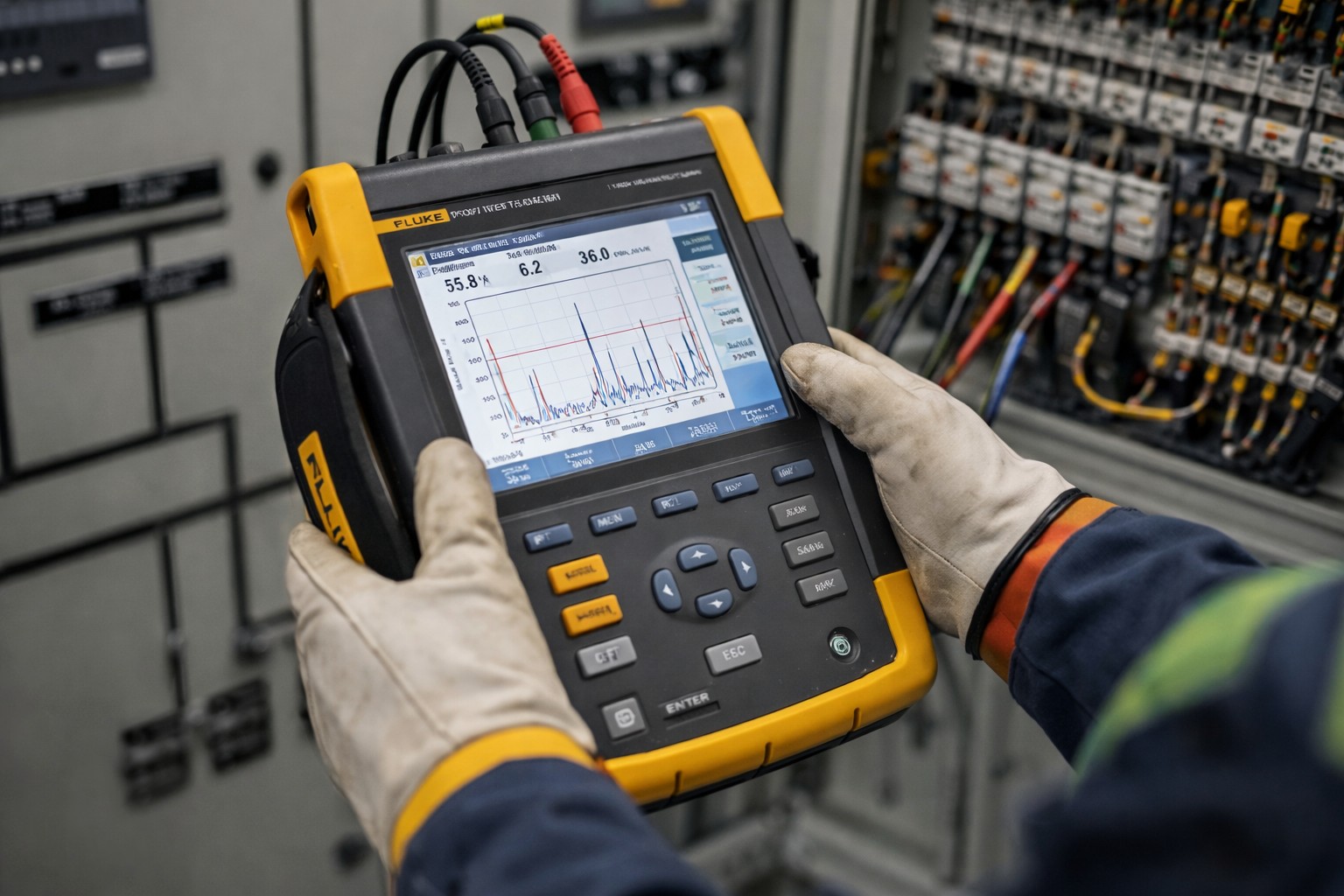 Análisis de calidad de energía con analizador Fluke en tablero eléctrico industrial